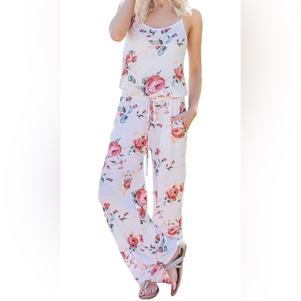 AMiERY Floral Printed Jumpsuits Solid Rompers Comfy Jumpsuit with Pockets (S)
